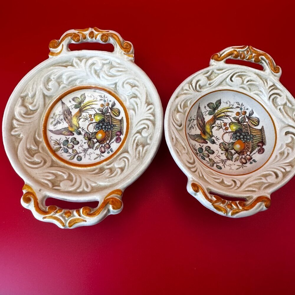 TWO HANDLED CERAMIC LITTLE MAJORKA DISH PLUS BOWL SET w/BIRD & FRUIT DESIGN